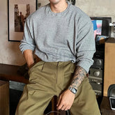 Hearujoy Mens Autumn Winter New Textured Vertical Striped Knitted T-Shirt Gender-Neutral Loose Casual Simple Long-Sleeved Top Unisex